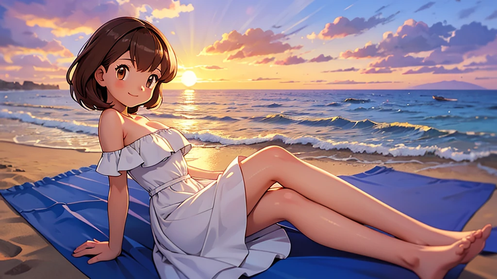 masterpiece, best quality, ultra-detailed, illustration, beautiful detailed eyes, very detailed illustration, cinematic lighting, 1 girl, solo, Pokemon Heroes (Bianca), Brown Hair, short hair, brown eyes, 1 girl, solo, bare shoulders, strapless, off shoulders, ruffle off the shoulder top, white maxi dress, intricate details, sharp focus, high resolution, beachside，evening light，early evening，sun down, sitting down on the beach, barefoot, her arms on the sand, cowboy shot, light smile, blue sunset skies, looking at viewers, dynamic angle,