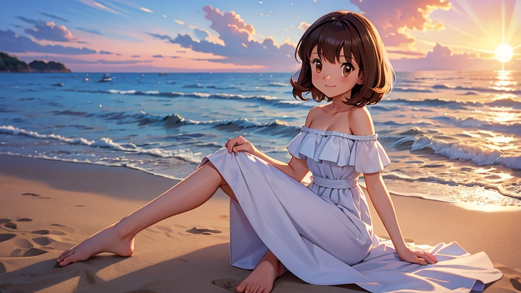 masterpiece, best quality, ultra-detailed, illustration, beautiful detailed eyes, very detailed illustration, cinematic lighting, 1 girl, solo, Pokemon Heroes (Bianca), Brown Hair, short hair, brown eyes, 1 girl, solo, bare shoulders, strapless, off shoulders, ruffle off the shoulder top, white maxi dress, intricate details, sharp focus, high resolution, beachside，evening light，early evening，sun down, sitting down on the beach, barefoot, her arms on the sand, cowboy shot, light smile, blue sunset skies, looking at viewers, dynamic angle,