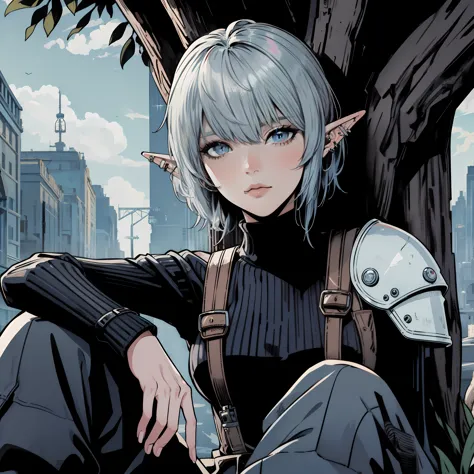 A female elf sitting under a tree in the pop art style of LISA FUJISE. BREAK, diagonal bangs, silver hair, bowl cut, blue eyes, ...