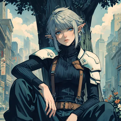 A female elf sitting under a tree in the pop art style of LISA FUJISE. BREAK, diagonal bangs, silver hair, bowl cut, blue eyes, ...