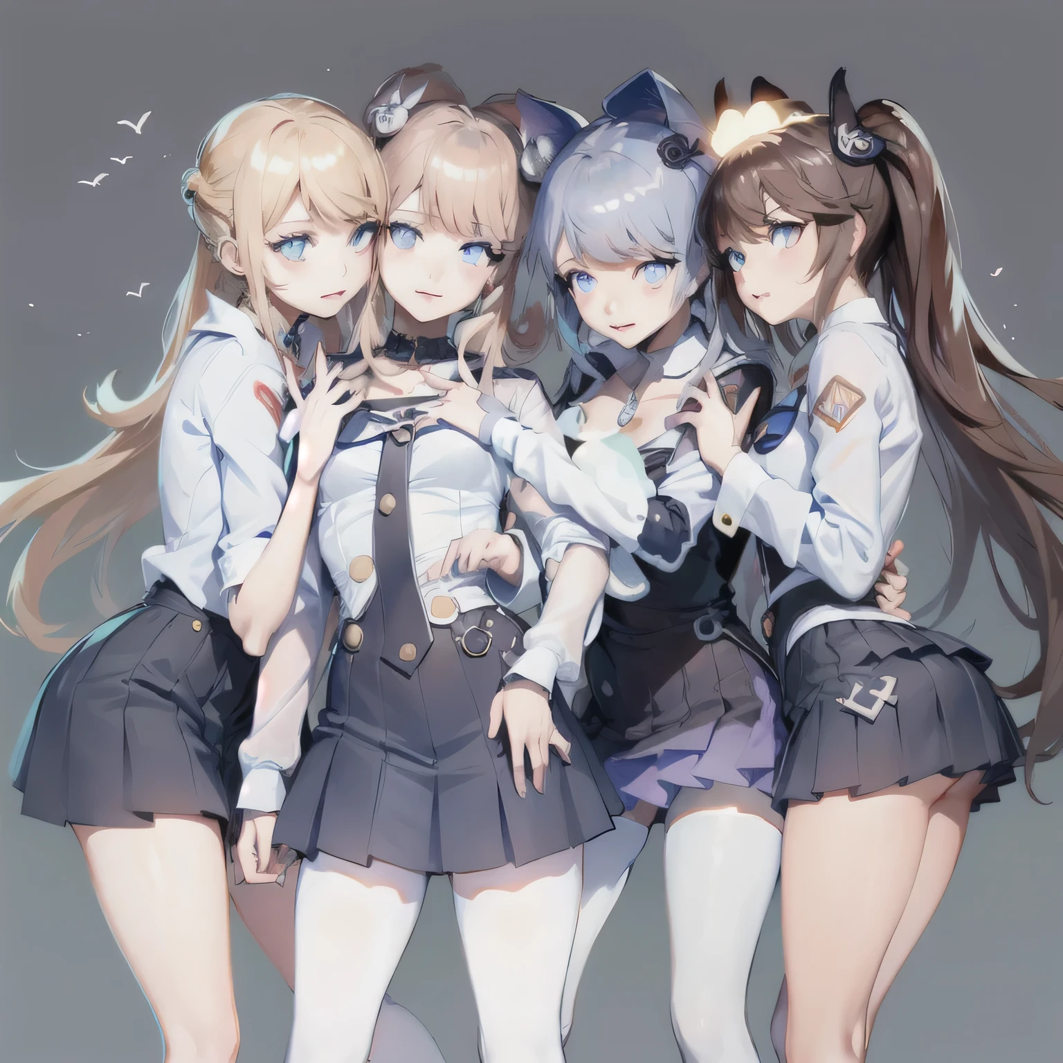 Tres niñas con uniformes escolares posan para una foto., estilo de colección de flotas, Estilo de carril azul, estilo de arte lindo anime, 《Ruta Azur》papel en, estilo de primera línea de chicas, chica anime, de《Ruta Azur》videojuego, chicas de instituto, estilo anime ecchi, Varias posturas, holo en vivo, arte digital danganronpa, de Girls Frontline, doble cola