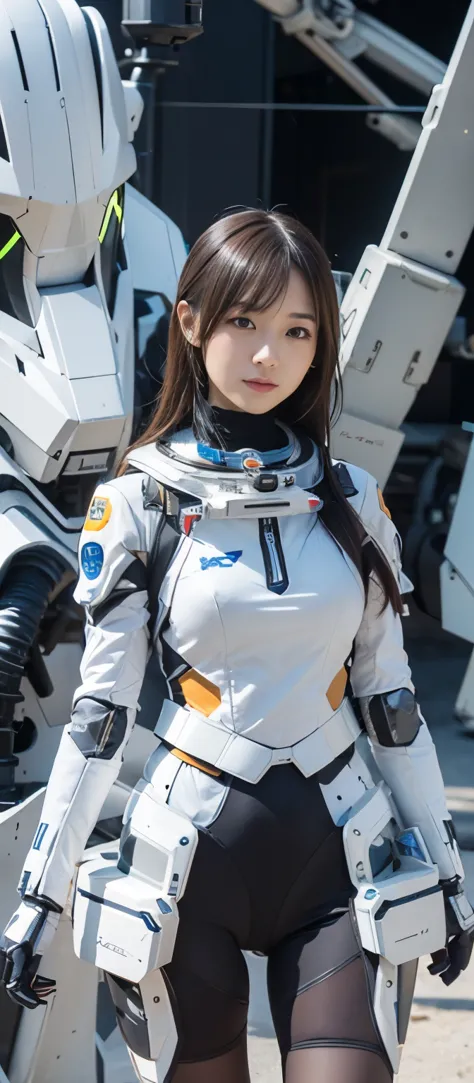 Close-up of a woman in a futuristic suit standing next to a robot, メカサイバーアーマーを着たgirl, cyberpunk mech,  宇宙士官候補生 girl, 完璧なアンドロイドのg...