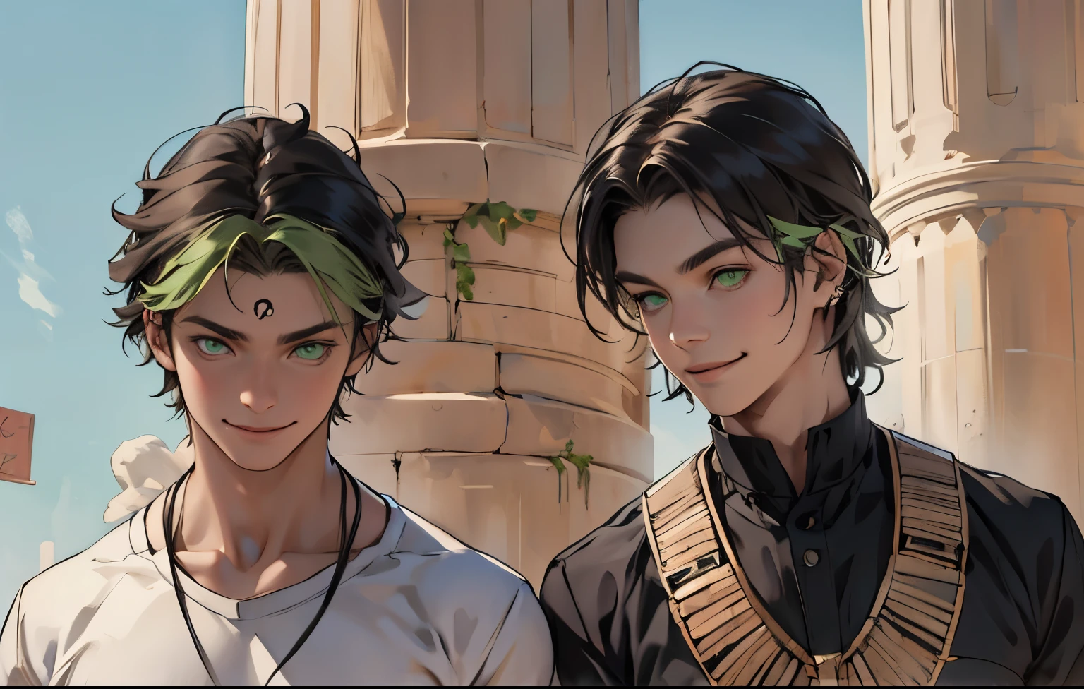 Two young men with green hair and green eyes standing next to each other -  SeaArt AI