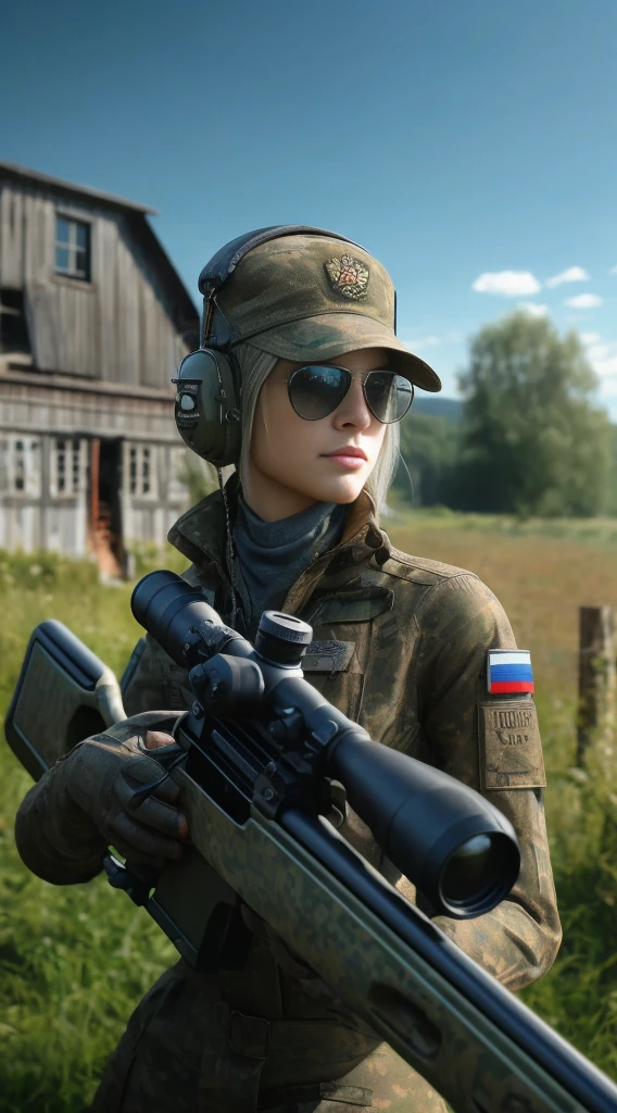 chef-d&#39;œuvre, Un plan large d'une tireuse d'élite russe de la Fédération de Russie dans une zone de combat militaire d'Europe de l'Est, image UHD ultra réaliste. Elle porte un uniforme militaire camouflage à motif russe et une casquette militaire camouflage russe avec des écouteurs et des lunettes de soleil.. Elle se tient debout avec son fusil de sniper et se détend près d&#39;une ferme. . L&#39;arrière-plan est un paysage typique d&#39;Europe de l&#39;Est . elle a un visage beau et détendu. Elle a des cheveux blonds courts en queue de cheval et des yeux bleu-gris.. Sa peau est pâle , une femme soldat arafée avec un fusil et un fusil devant une grange, d&#39;une fille tireuse d&#39;élite en guerre, fille d&#39;infanterie, fille soldat, Fille militaire, Belle femme soldat, mechanized fille soldat, soldats réalistes, portrait of fille soldat, À Tarkov, portrait of cute fille soldat, Esthétique soviétique, Jeu CG, Jeu FPS, graphismes ultra réalistes, 16k, ultra haute résolution.Photoréaliste, UHD, BRUT