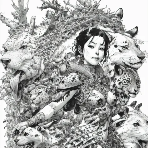 kimjunggi style, kimjunggis style, sketch of a queen of forest, with various animals, complex backdrop, art by artgerm and greg ...