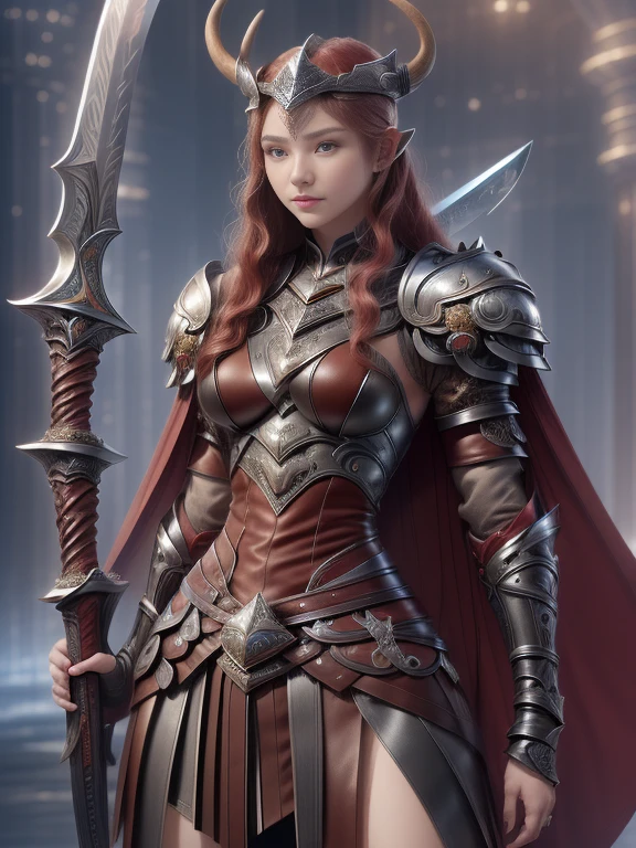 Character design, 1 girl,, slim body, medium chest, skinny waist, ((long deep red hair)). blue eyes. (((ice blue fantasy a female viking warrior in a full leather armor with skirt))), (((big pauldrons, intricate details))), (((fur cape))), (((advanced weapon fantasy plasma sword in right hand))), (standing), in a walled city, masterpiece, HD high quality, 8K ultra high definition, ultra definition,