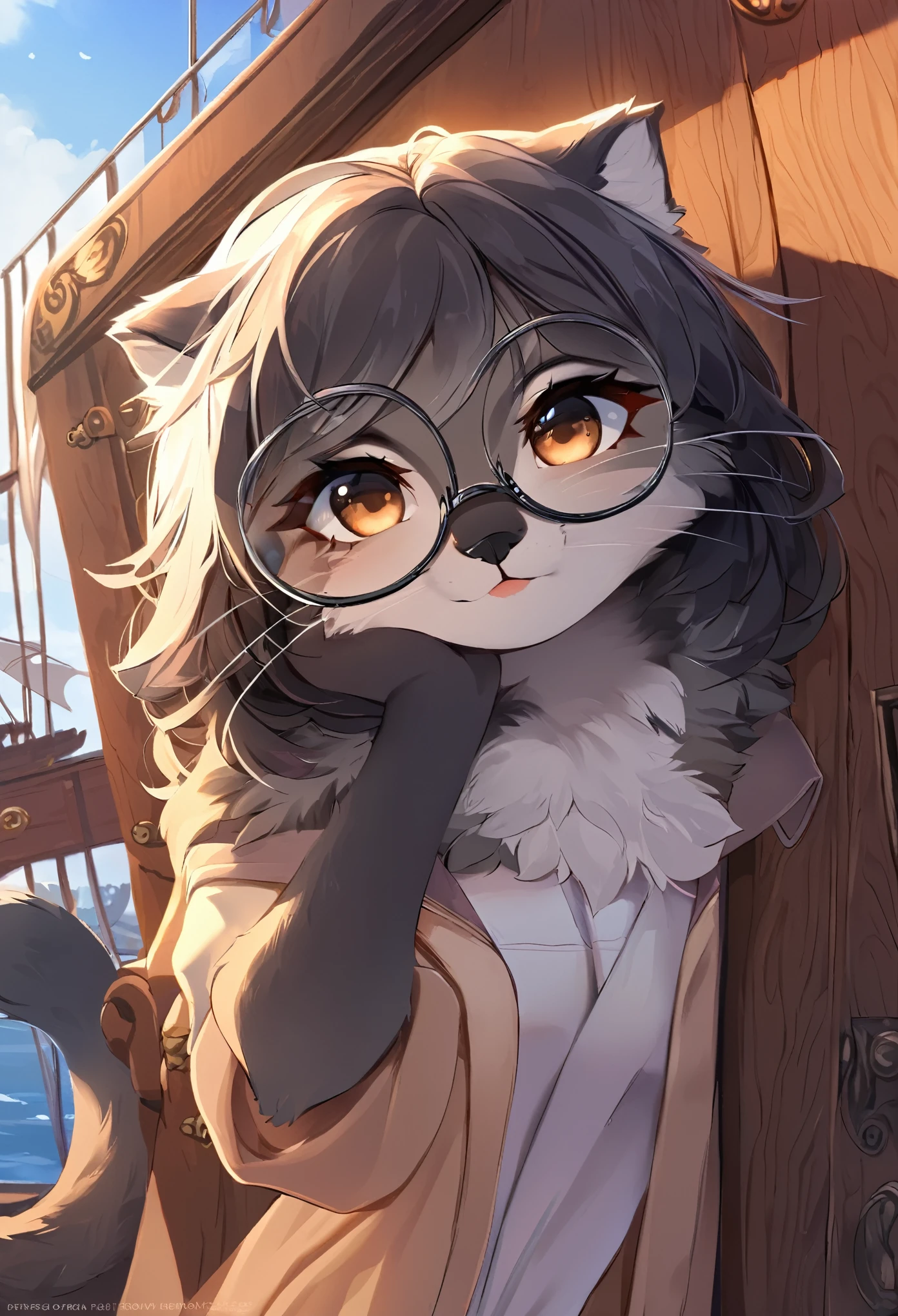 masterpiece, best quality(1girl, furry, ship, manul girl, side of door, glasses, animal nose, detail fur, adorable, black, glasses)looking at viewer, perfect light,
 
