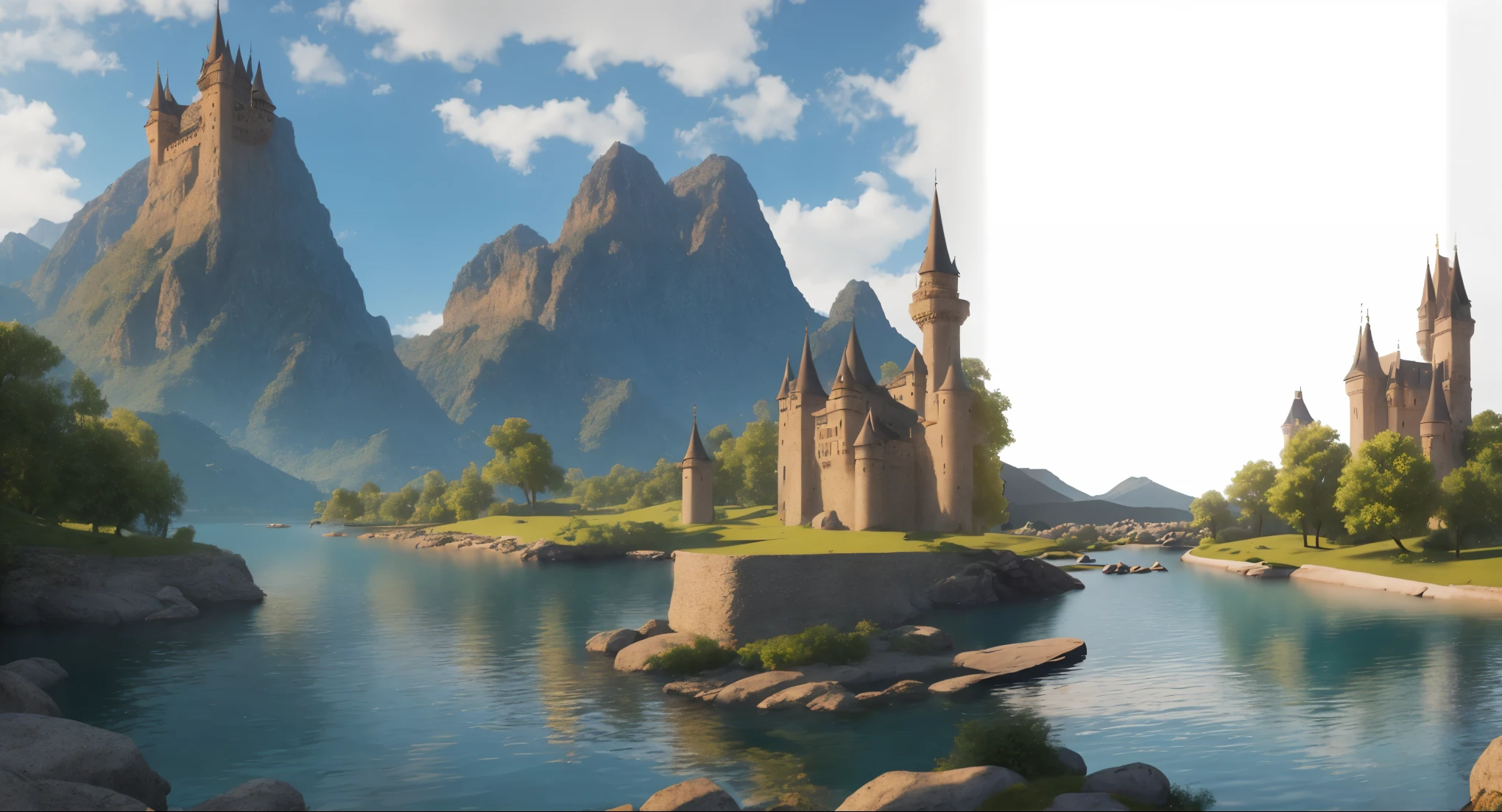 massive castle and intricately designed kingdom structures, mountains, viewed from a low angle shot, granting a ground-level perspective and a miniature effect. Basked in the warm light of a bright day, a clear blue sky, (cloudless:1), Ultra-detailed, realistic rendering, best quality, 4K, HDR, sharp focus, physically-based rendering, vibrant colors, dynamic light and shadow. panorama, horizon, masterpiece,