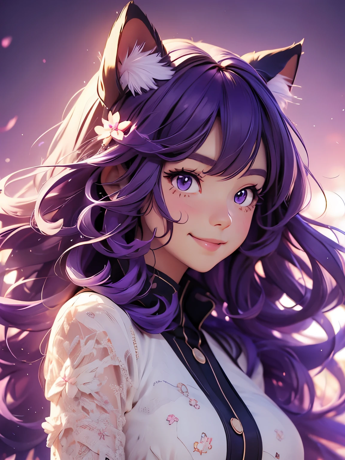 Girl with cat ears happy, cute-fine-face, anime. illustration, realistic shaded perfect face, bright smile, fine details ,purple hair