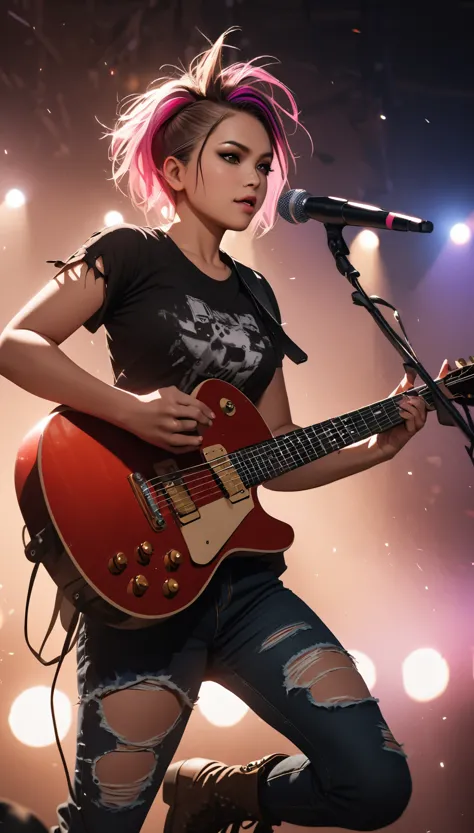 realistic, photo, masterpiece, 8k, young woman, guitarist on stage, wearing torn t-shirt with torn off sleeves, ripped jeans, bo...