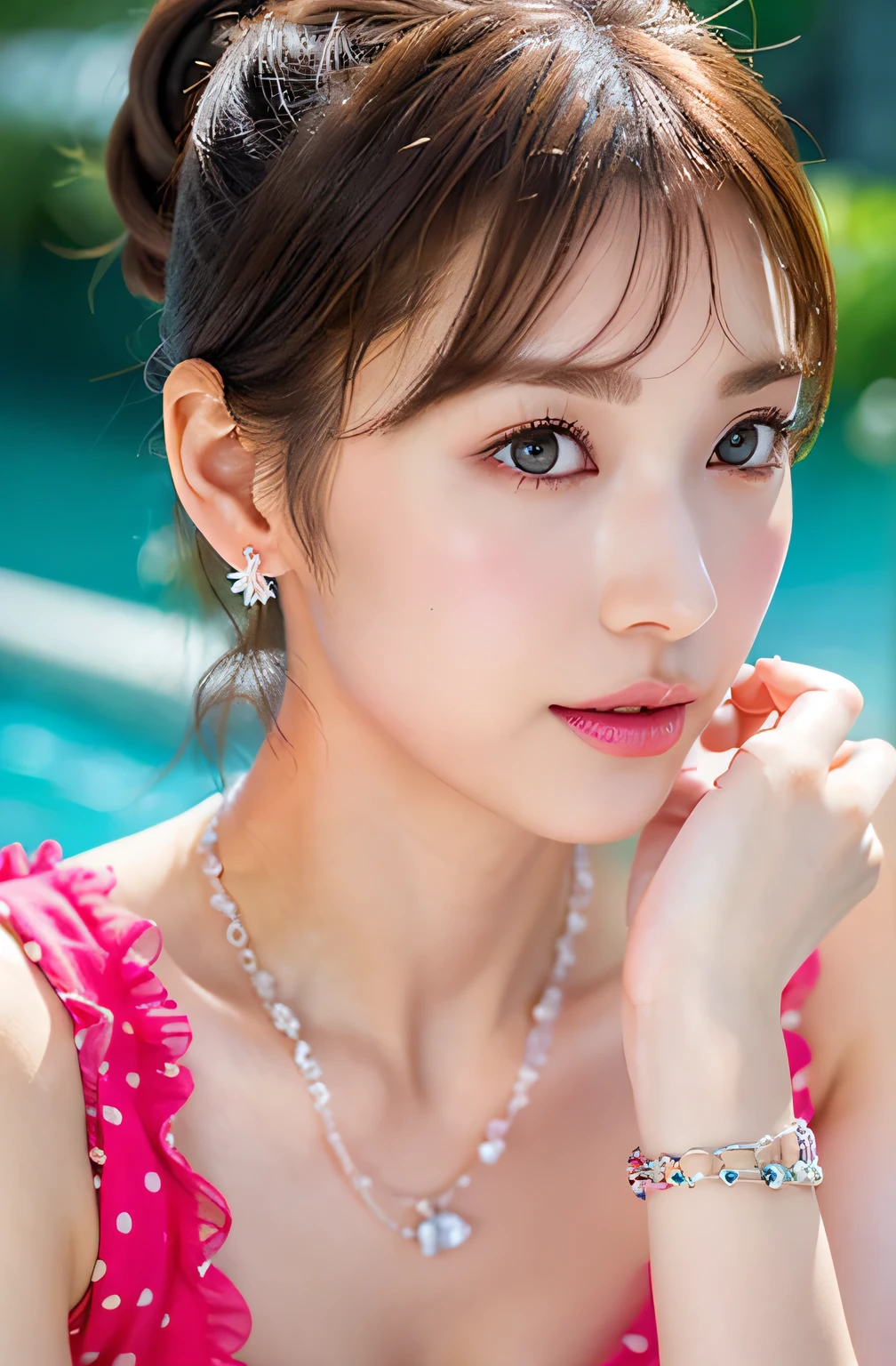 (highest quality, 4k, masterpiece :1.3), 
sharp focus, shallow depth of field, Bright colors, professional level, 
20-year-old, 1 person, (Half Japanese and German woman）, The face of a famous Japanese actress, 
Supple body :1.3, model body shape:1.5, perfect style：1.4, 
narrow shoulders, beautiful clavicle, long and thin legs, 
delicate body shape, The beauty of slim abs :1.2, thin waist :1.2, 
super detailed skin, Fair skin, Shiny skin, super detailed face, 
slim facial contour, beautiful small face, Beautiful lined nose, 
super detailed eyes, long slit eyes, brown eyes, double eyelid, Beautiful thin eyebrows, fine long eyelashes, 
super detailed lips, plump lips, glossy pink lips, flushed cheeks, beautiful teeth, 
Beautiful actress&#39;s ennui makeup, pink lipstick, 
dark brown hair, delicate soft hair, 
(hair up, medium short hair, ponytail:1.2), 
layer cut, (dull bangs:1.2), 
(stylish looking earrings,necklace,bracelet,shiny nail art:1.2), 
cute smile, open mouth half way, Enchanted expression, ((Staring at the viewer)), 
(((photorealism,Shoot the whole body from the thighs:1.5))), ((The body is facing sideways)), 
Photographed directly from the front, dynamic lighting, 

(Dress up in a tight polka dot dress:1.2), 

((The crystal clear waters of a tropical resort, Immerse yourself in water up to your waist:1.2)), 
The midsummer sun shines on the whole, 