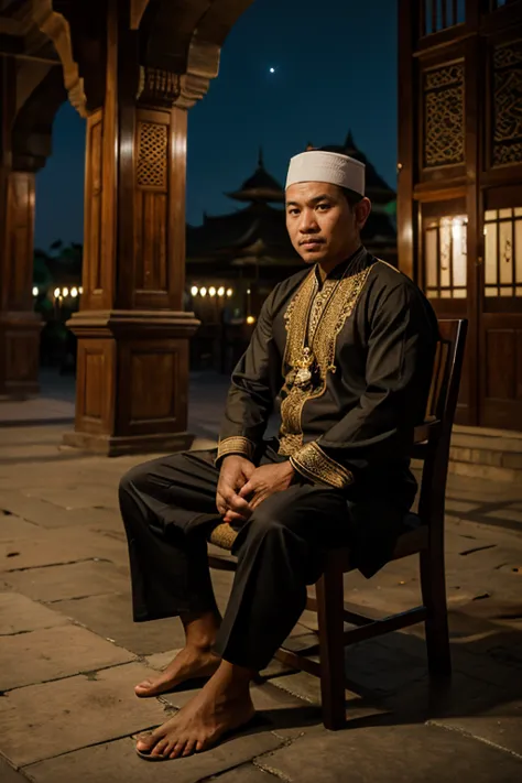 A javanese gentleman wear muslim dress. Sit on a chair in front of mosque. At night. Alone. Good lighting. Real skin texture. Be...