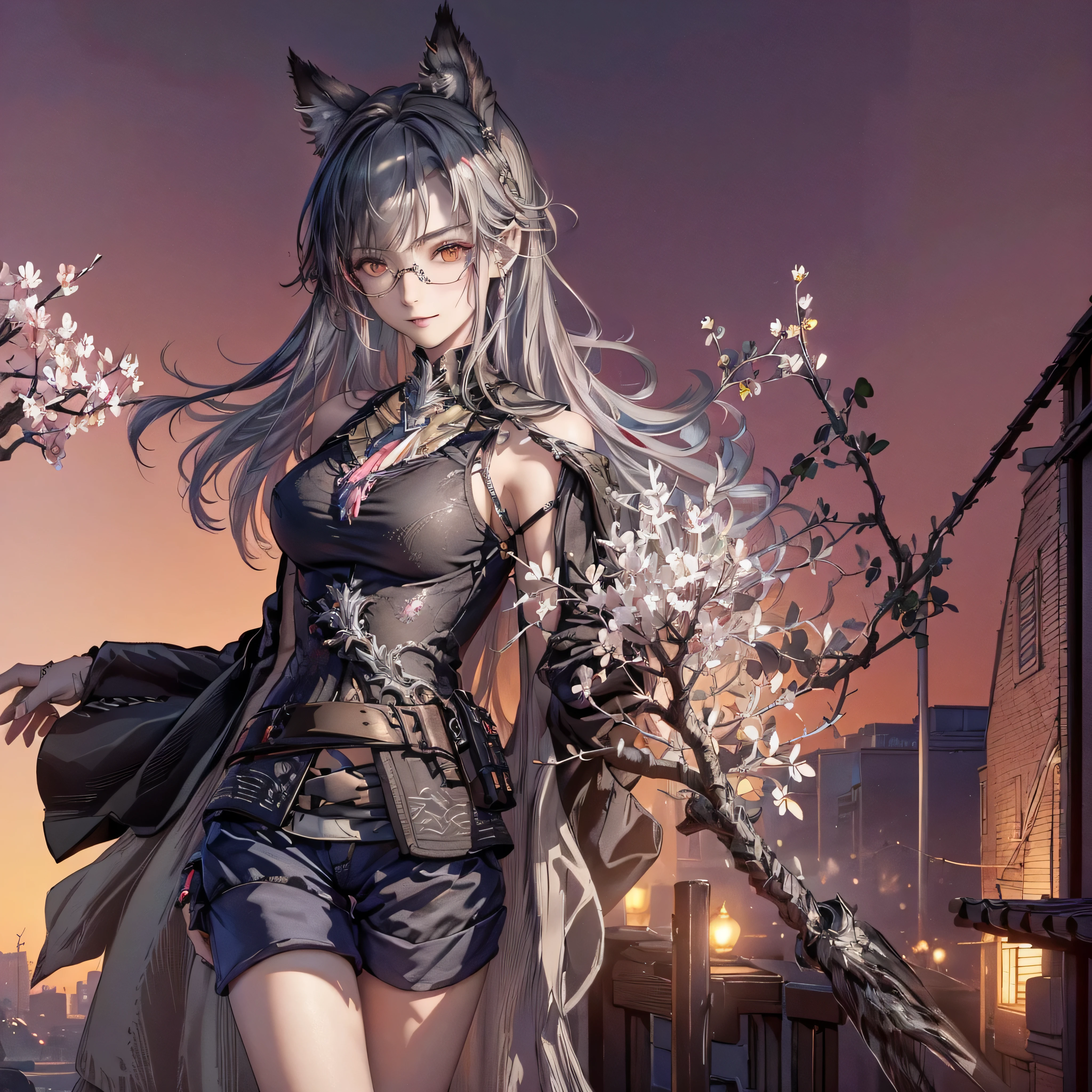 cinematic lighting、highest quality,cyberpunk world、1 female、(27 year old beautiful woman、Beautifully detailed facial features and hair、shoulder length hair）（smile:1.4)（Beautiful crimson eyes）break（Dark design glasses:1.5）,medium hair、（silver hair、shining hair:1.5）break（pose of temptation、Beautiful big breasts spilling out:1.4）（Sexy style tank top、PUNKROCK STYLE SHORTS:1.2）Silver hair color、break（Viewing beautiful cherry blossoms at night、Large park scenery:1.3）bard playing songs in a tavern