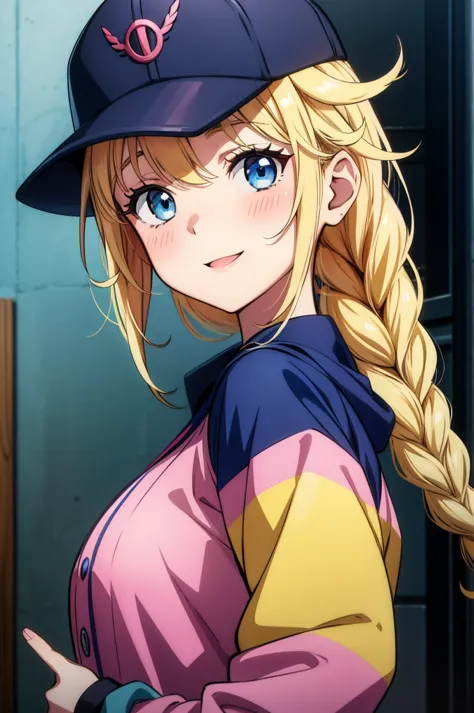 this is the picture of the anime girl in the cap and the jacket, 1girl, blue headwear, hat, blue eyes, smile, looking at viewer,...