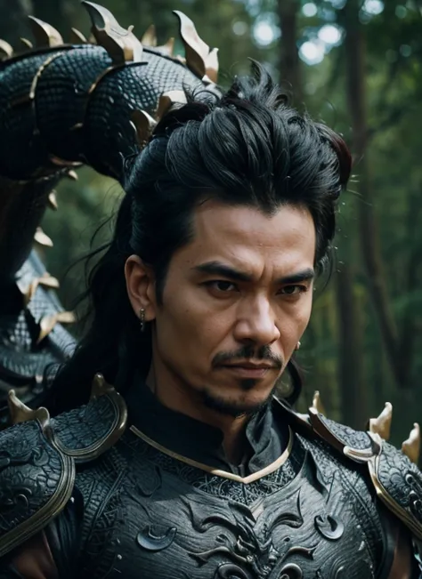 a close up of a gentleman in a black armor with a dragon, ‘raya and the last dragon’ etc, loong, dragon king, dragon in the back...