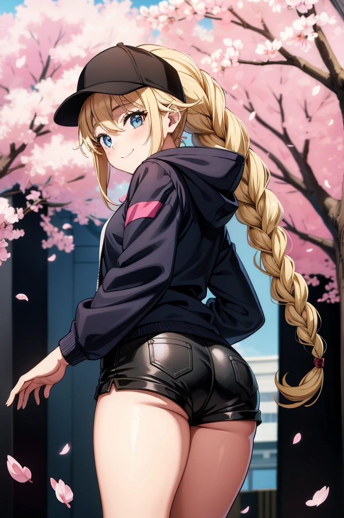 an animated character with blonde hair wearing black and black shorts and hat, 1girl, shorts, solo, blonde hair, long hair, hat, braid, black shorts, blue eyes, ass, looking at viewer, cherry blossoms, short shorts, black headwear, baseball cap, smile, looking back, thighs, long sleeves, underbutt, twin braids, hood, jacket, breasts, blush