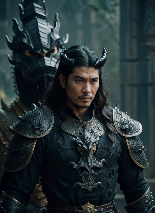 a close up of a gentleman in a black armor with a dragon, ‘raya and the last dragon’ etc, loong, dragon king, dragon in the background, king of dragons, inspired by Yang Borun, by Abidin Dino, dragon man, the dragon man portrait, sakimi