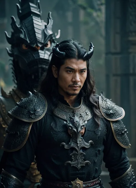 a close up of a gentleman in a black armor with a dragon, ‘raya and the last dragon’ etc, loong, dragon king, dragon in the back...