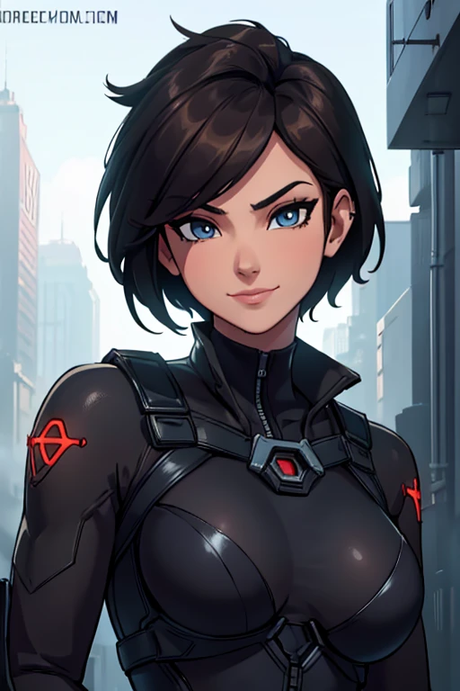 (work of art, Best quality, absurd, 4K, aesthetics, perfect eyes, perfect face, detailed, intricate, Perfect Lighting) 1 girl with fair skin, dark short hair, wears a dark red and black futuristic bodysuit, heroine , queen of an alien race, warrior, gentle smile