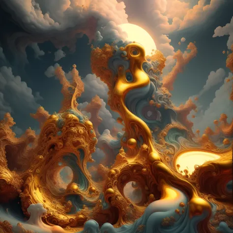 in the middle of the blue sky there is a very large golden sculpture, stunning fantasy 3d rendering, surreal scene, golden cloud...