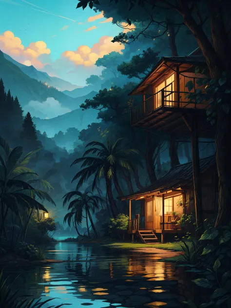 wide view, a small wooden house with hammock, surrounded by lake, tropical plants growing in lake, big banana trees, evening lig...