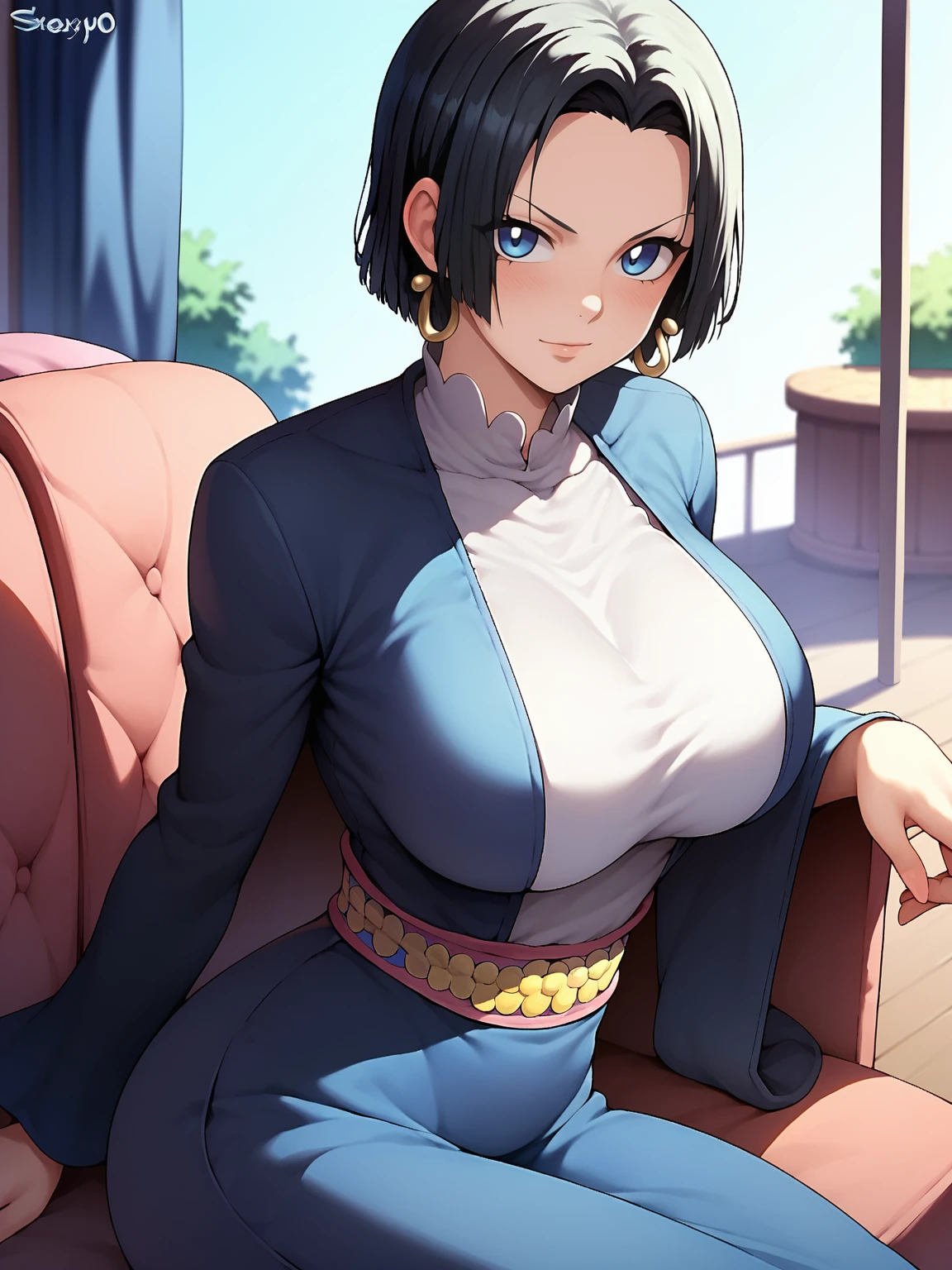 score_9,score_8_up,score_7_up,rating: general,1girl,solo, short hair,breasts,looking at viewer,blush,large breast, black hair, closed mouth,shexyo, shexyo style, boa hancock, couch, balcony, fancy couch, white couch, one piece, 