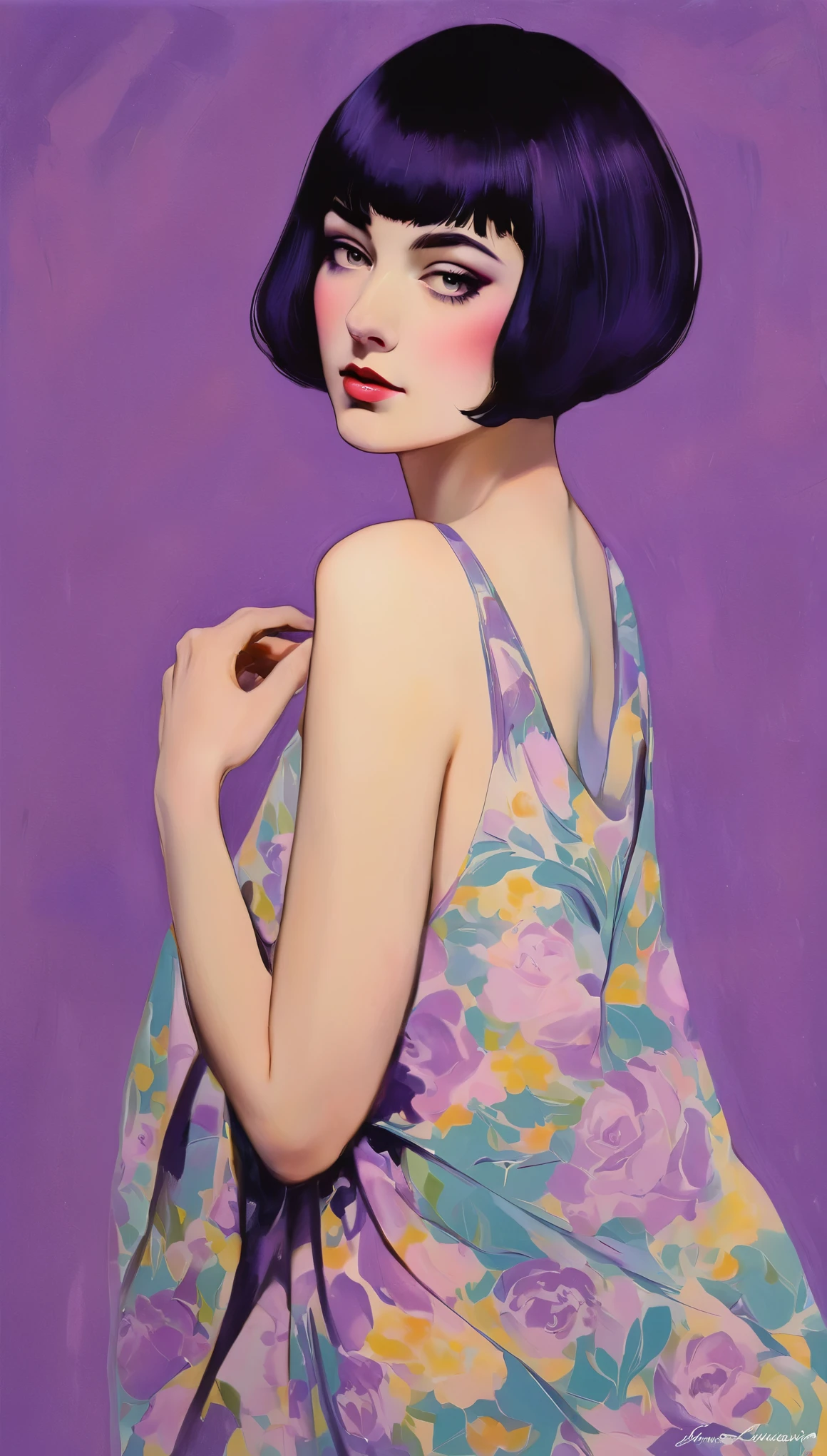 chiaroscuro technique on sensual illustration of an elegant queen (((short hair with bangs:1.4、Beautiful bangs) , vintage ,silky dress, matte painting, by John Singer Sargent, by Harumi Hironaka, extremely soft colors, dark vibrant, purple pastel, highly detailed, digital artwork, high contrast, dramatic, refined, tonal, an intimate, seductive studio setting with a focus on sensuality and romance. Utilize soft, warm lighting that bathes the space in a gentle, inviting glow. Incorporate luxurious fabrics, plush furnishings, and a touch of decadence to evoke an opulent ambiance. The scene should exude an air of serenity and anticipation, inviting the viewer into a sensual and romantic space