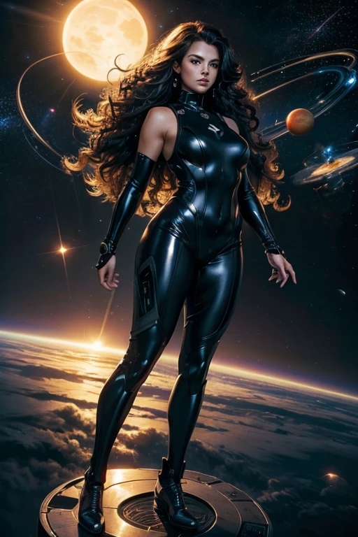 최고의 품질, 걸작, 여자 우주 슈퍼 영웅, 전신,검은 색 라텍스 슈트 위에 하이테크 조끼, 긴 곱슬머리,깊은 우주에 떠 있는, 여러 행성과 태양을 배경으로
