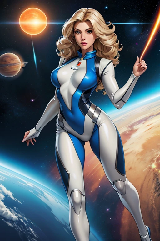 melhor qualidade, obra de arte, mulher super-herói do espaço, corpo todo,colete de alta tecnologia sobre um macacão de látex prateado, Cabelo loiro longo e encaracolado,flutuando no espaço profundo, com vários planetas e sóis ao fundo
