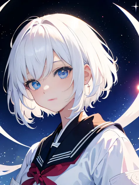 Anime girl ((high quality)), White hair ((high quality)), short hair chanel ((high quality)), blue eyes ((high quality)), background stars and moon ((high quality)), flying in the galaxy ((high quality)), happy expression ((high quality)), japanese school ...