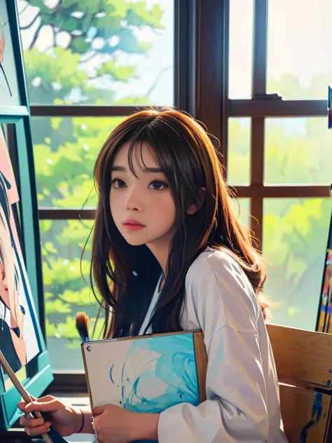 anime girl with a brush and a painting board in front of a window, painted in anime painter studio, realistic cute girl drawing,...