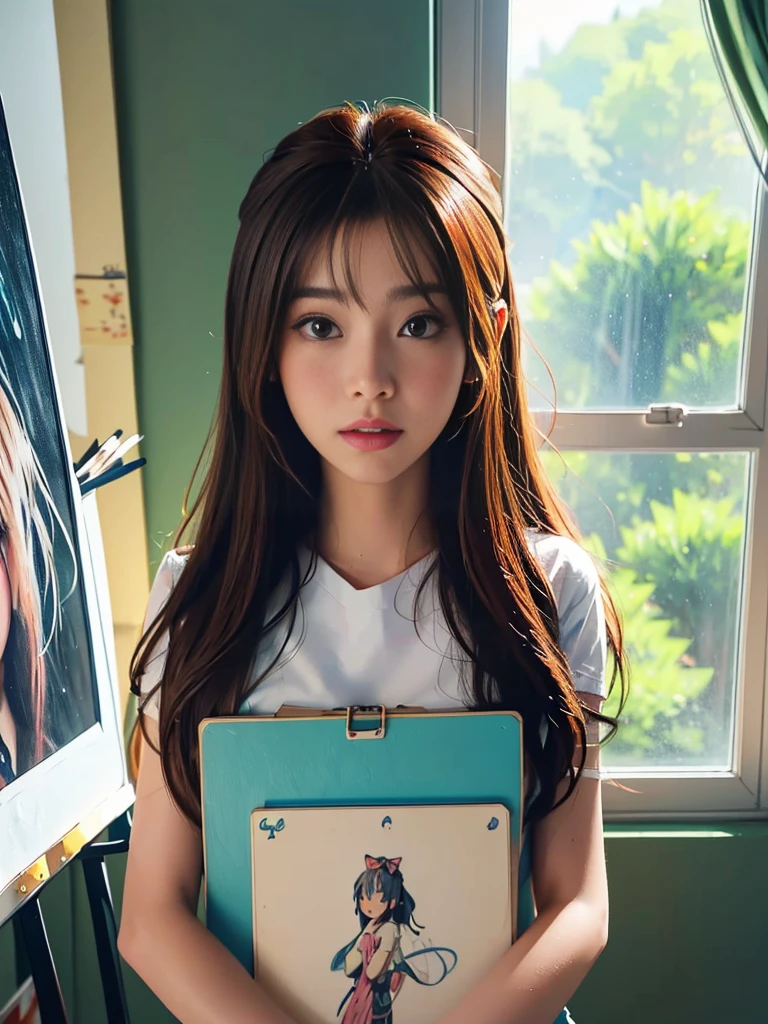 อะนิเมะ girl with a brush and a painting board in front of a window, painted in อะนิเมะ painter studio, วาดรูปสาวน่ารักเหมือนจริง, beautiful อะนิเมะ portrait, อะนิเมะ. แสงนุ่มนวล, การลงสีแบบละเอียด 4k, อะนิเมะ realism style, realistic อะนิเมะ artstyle, งานศิลปะสไตล์ Gwaites, realistic อะนิเมะ art style, made with อะนิเมะ painter studio, portrait อะนิเมะ girl