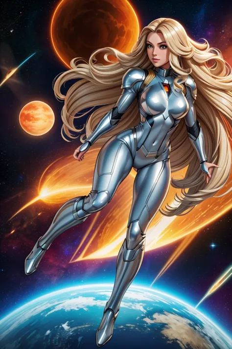 best quality, masterpiece, woman space super hero, beautiful face,full body,hi-tech armour over silver latex suit, long curly bl...