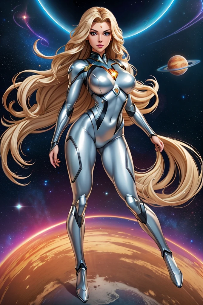 Meilleure qualité, chef-d&#39;œuvre, super héros de l&#39;espace femme, Beau visage,tout le corps,armure de haute technologie sur combinaison en latex argenté, cheveux blonds longs et bouclés,voler en pose de super héros dans l&#39;espace lointain, avec plusieurs planètes et soleils en arrière-plan
