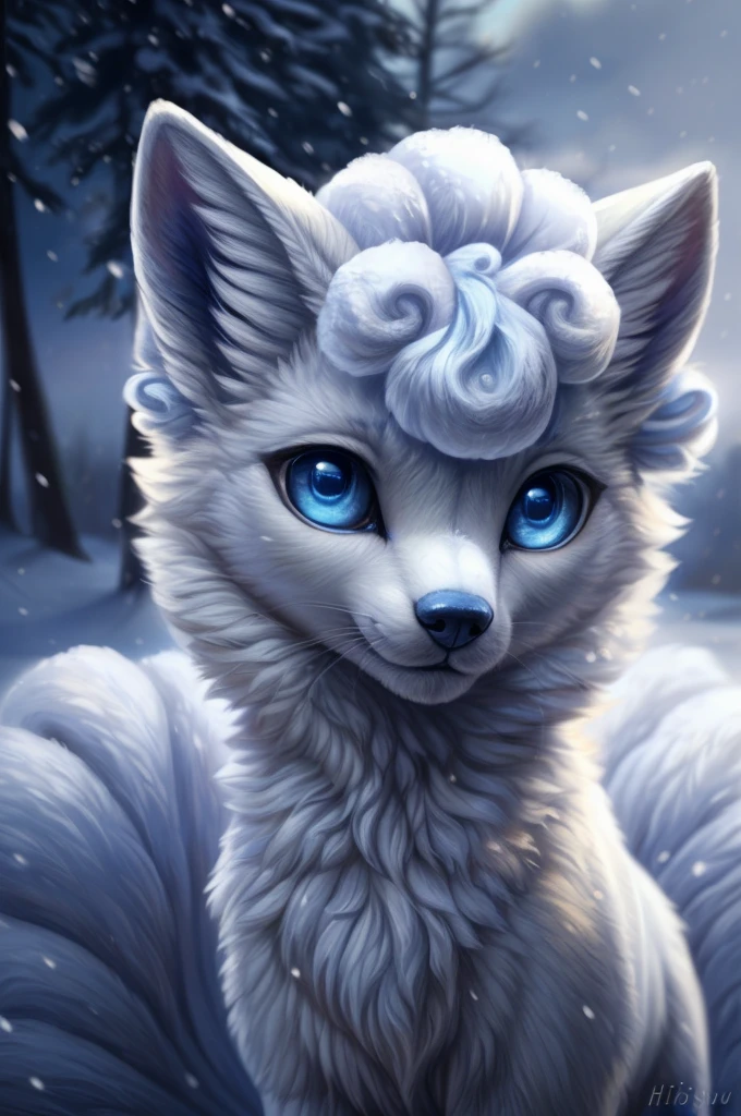 bela arte peluda, Magro, selvagem, bonitinho, realista, olhos azuis celestes, Pelo branco, uma raposa branca, (Alolan vulpix |), fofinho, alta qualidade,(por Hioshiru), neve, more neve, fundo de inverno, Bokeh, obra de arte, Tirar o fôlego, realista oil painting, 