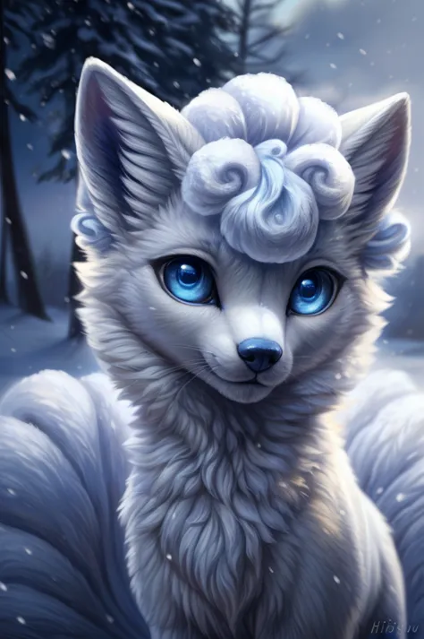 beautiful furry art, slim, feral, cute, realistic, sky blue eyes, white fur, one white fox, (alolan vulpix), fluffy, high qualit...