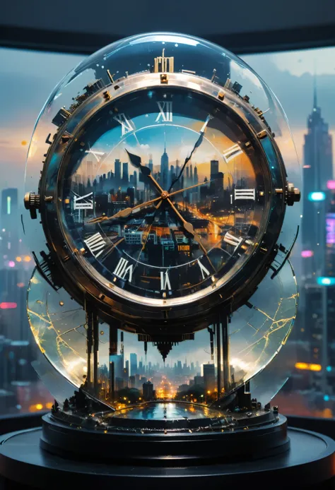 Ano 2200, Double exposure of a clock and city view, diecast clock with city view, Ciberpunk, (Melhor qualidade, obra de arte, Tr...