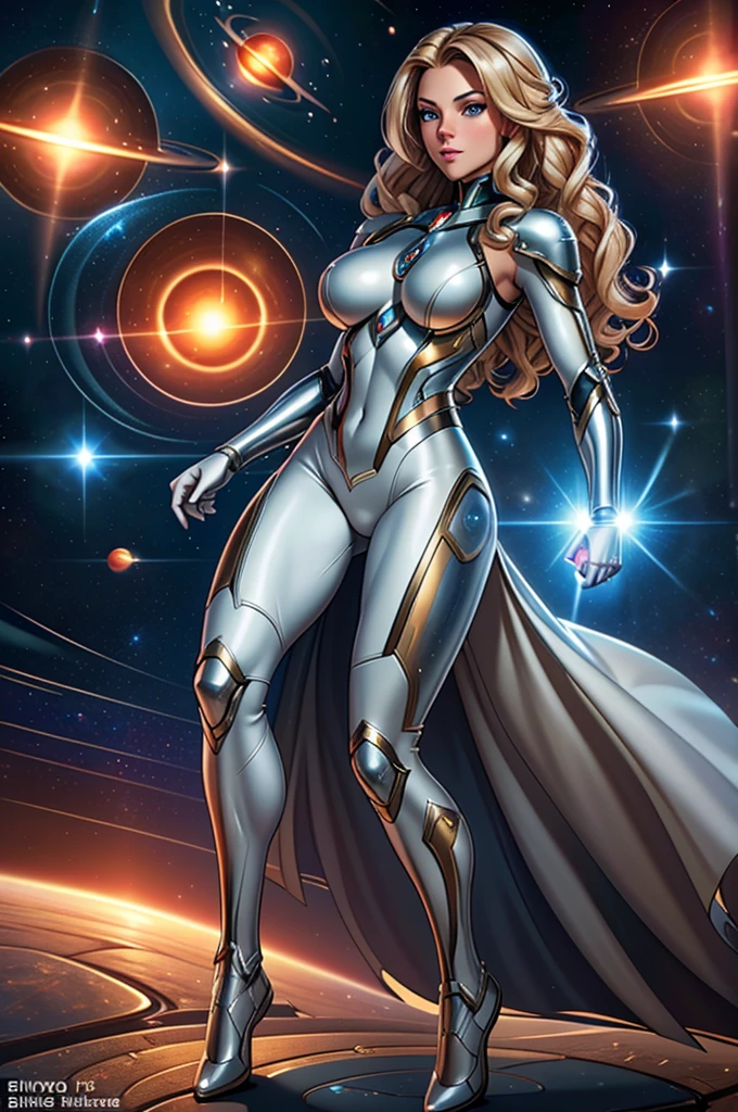 best quality, masterpiece, woman space super hero, beautiful face,full body,hi-tech armour over silver latex suit, long curly blonde hair,flying in super hero pose in deep space, with several planets and suns in the background
