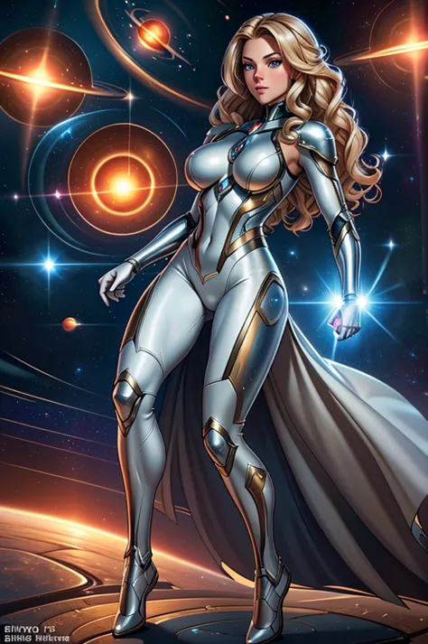 best quality, masterpiece, woman space super hero, beautiful face,full body,hi-tech armour over silver latex suit, long curly bl...