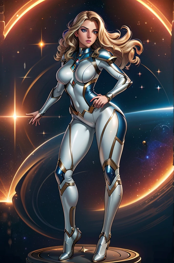 best quality, masterpiece, woman space super hero, beautiful face,full body,hi-tech armour over silver latex suit, long curly blonde hair,flying in super hero pose in deep space, with several planets and suns in the background
