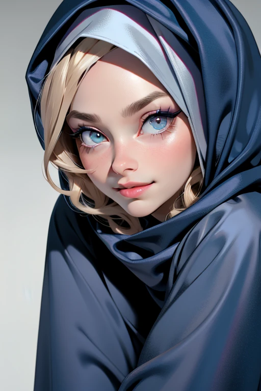 3dmm style, Masterpiece, realistic, best quality, best lighting, beautiful mature Czech woman, 1 girl photo solo, beautifully makeup, eyeshadow, Parted Lips, Detailed Eyes, beautiful big eyes, long eye lashes, dimples on the cheeks, smile, wearing ((Dark blue satin hijab)), loosely tide hijab style, ((gray satin shirt and satin long skirt)), ((front view)), (close up portrait), front view, standing straight, facing the viewer.