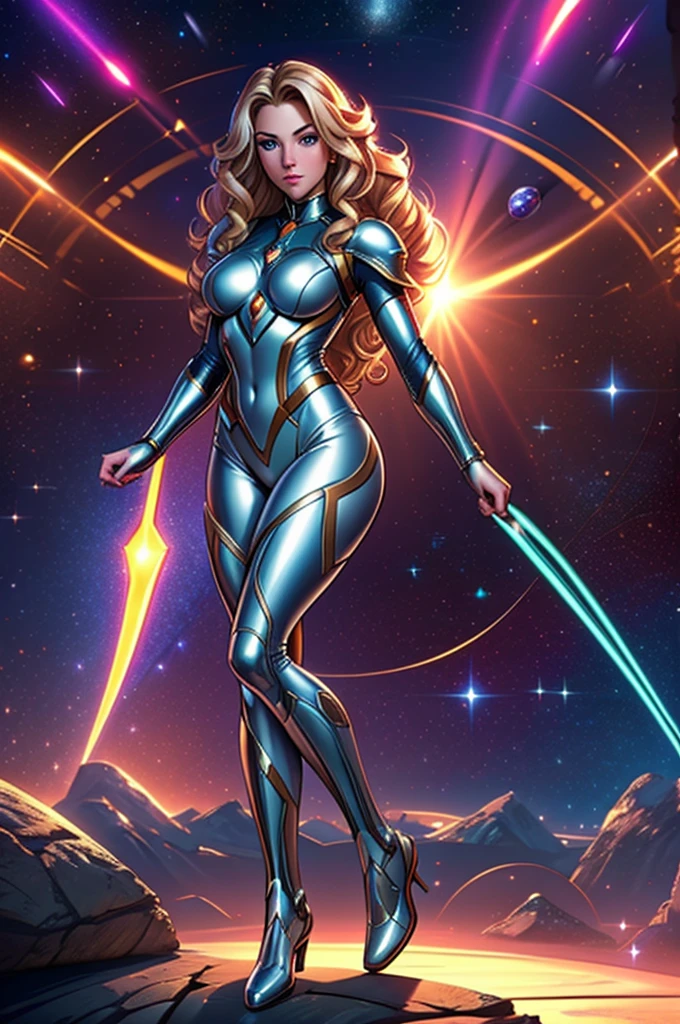 best quality, masterpiece, woman space super hero, beautiful face,full body,hi-tech armour over silver latex suit, long curly blonde hair,flying in super hero pose in deep space, with several planets and suns in the background
