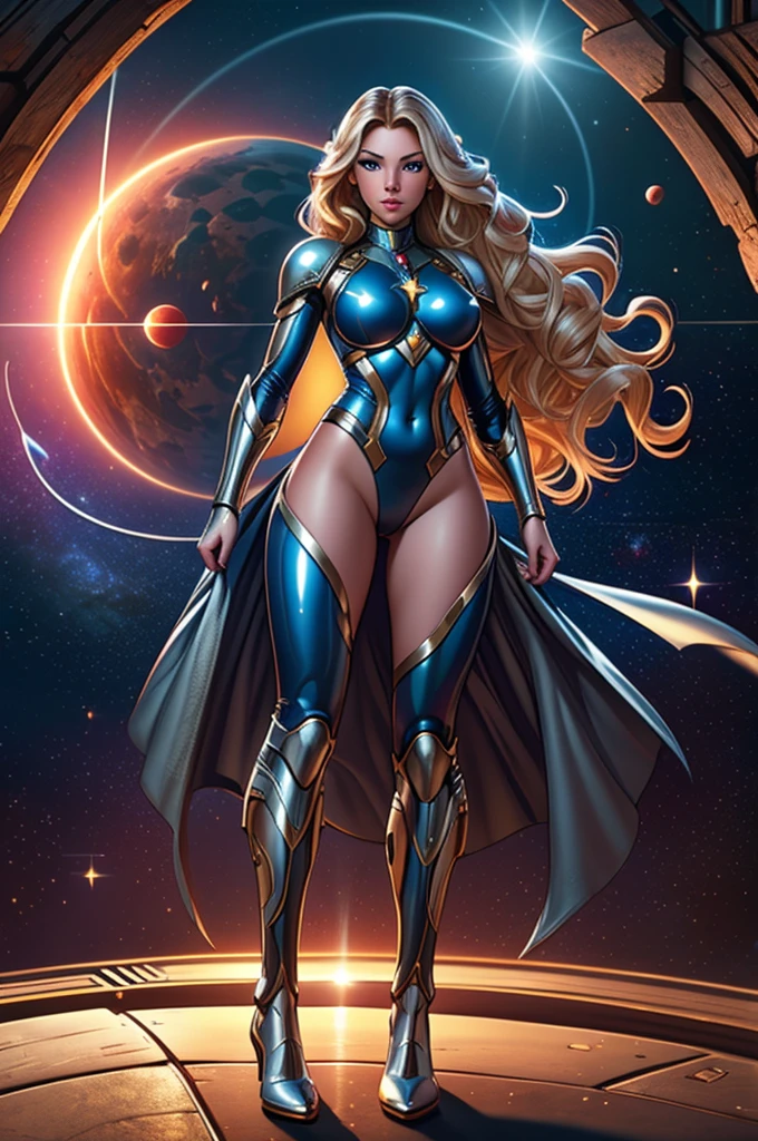 mejor calidad, obra maestra, Mujer superhéroe espacial, Hermoso rostro,cuerpo completo,armadura de alta tecnología sobre traje de látex plateado, pelo rubio largo y rizado,volando en pose de superhéroe en el espacio profundo, con varios planetas y soles al fondo
