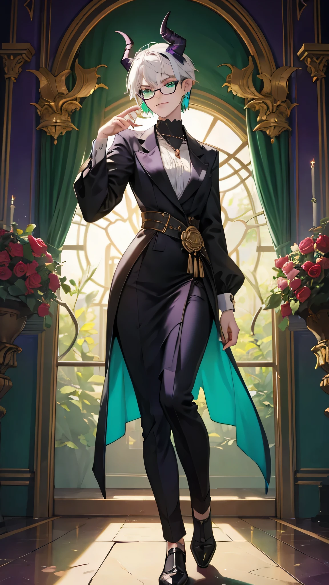 8k, masterpiece, best quality, highly detailed, 1girl, tiefling, multicolored hair, very short straight hair green highlight hair on white hair, strippled hair, wearing glasses, earrings, necklace, mole, glowing green eyes, glamorous, aristocrat, palace, roses, purple and teal, tuxedo, villainy, smirk, majestic pose, full body view, rings, looking at viewer, demon horns, standing, vintage, rich.