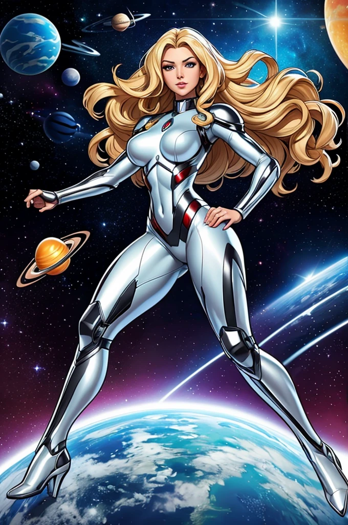 最高品質, 傑作, 女性宇宙スーパーヒーロー, 美しい顔,全身,銀色のラテックススーツの上にハイテクアーマーを着用, 長い巻き毛のブロンドの髪,深宇宙でスーパーヒーローのポーズで飛行, 背景にはいくつかの惑星と太陽が描かれている
