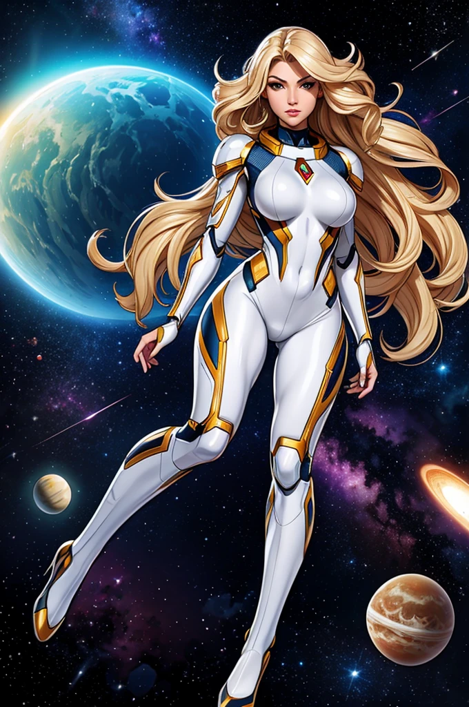 Meilleure qualité, chef-d&#39;œuvre, super héros de l&#39;espace femme, Beau visage,tout le corps,armure de haute technologie sur combinaison en latex argenté, cheveux blonds longs et bouclés,voler en pose de super héros dans l&#39;espace lointain, avec plusieurs planètes et soleils en arrière-plan
