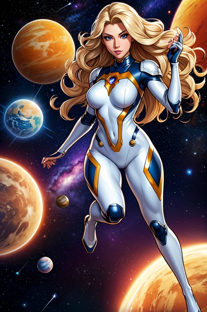 最好的品質, 傑作, 女人太空超級英雄, 漂亮的臉蛋,全身,銀色乳膠套裝上的高科技裝甲, 金色長捲髮,在深空飛行的超級英雄姿勢, 背景中有幾個行星和太陽
