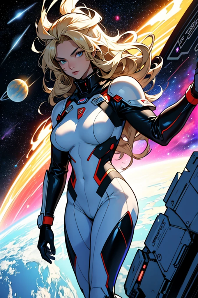 最好的品質, 傑作, 女人太空超級英雄, 漂亮的臉蛋,全身,銀色乳膠套裝上的高科技裝甲, 金色長捲髮,在深空飛行的英雄姿勢, 背景中有幾個行星和太陽
