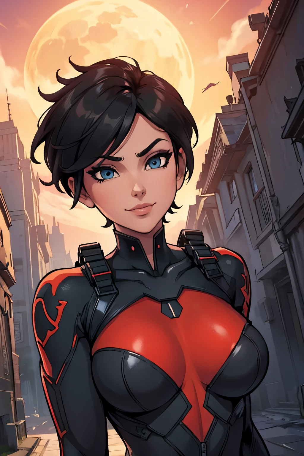 (artwork, Best quality, absurd, 4K, aesthetics, perfect eyes, perfect face, detailed, intricate, Perfect Lighting) 1 girl with fair skin, short hair thrown to the dark left side, wears a red and black futuristic bodysuit, heroine, queen of an alien race, warrior, gentle smile