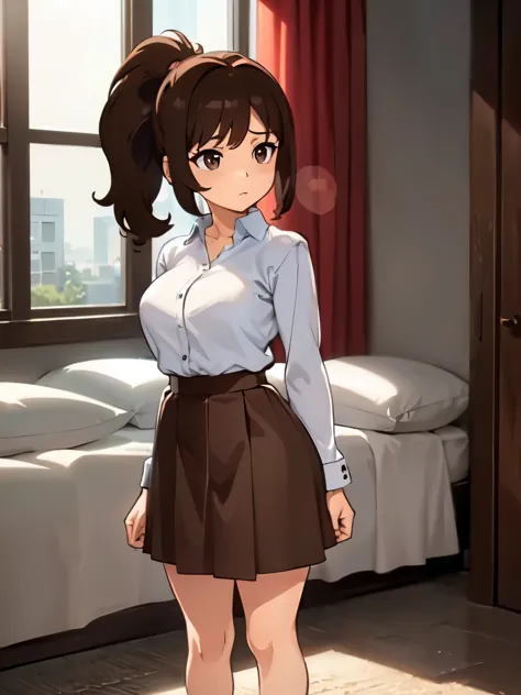 masterpiece, best quality, beautiful, highres, a girl, troubled, standing, front view, ponytail, brown hair, brown eyes, eyes open, fair skin, short, medium breasts, blouse, skirt, in the room, in the morning, anime, full body shot, from front,